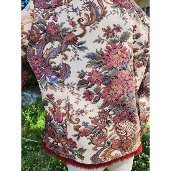 Vtg DB Sport Red Faux Fur Floral Victorian Tapestry Collared Moto Coat Sz M - Picture 5 of 8